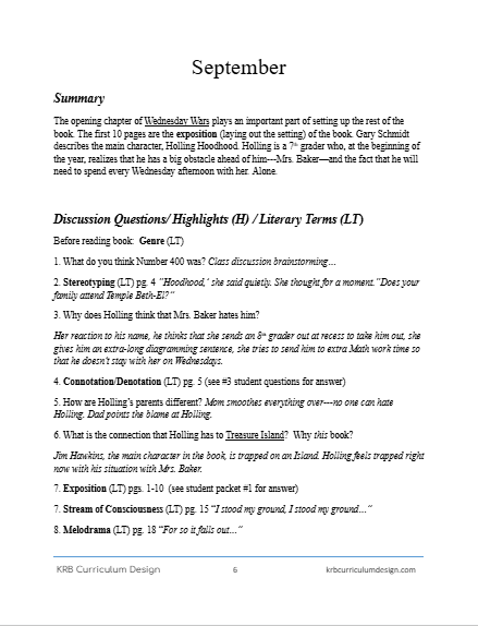 6-8 The Wednesday Wars Curriculum Guide