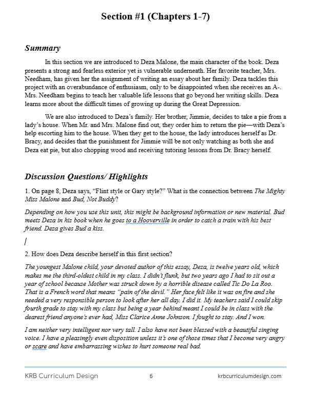 The Mighty Miss Malone Curriculum Guide